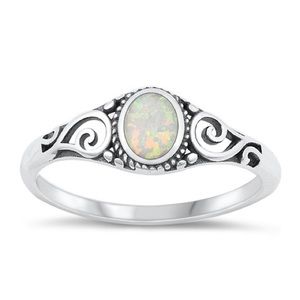 Vintage Style Lab Created Opal Ring in Genuine 925 Sterling Silver